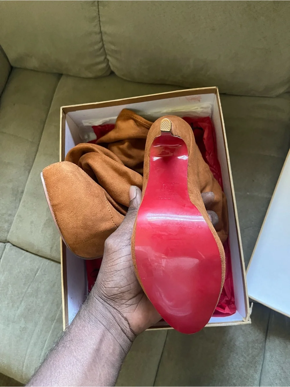 Christian Louboutin Over-the-Knee Suede Boots in Chestnut Brown with Red Soles
